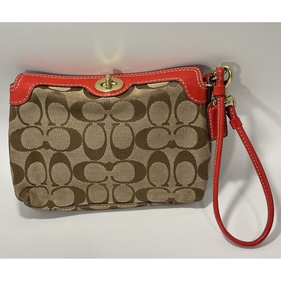 COACH MADELINE Wristlet Vintage Burnt Orange Leather Signature C Canvas - Picture 1 of 14